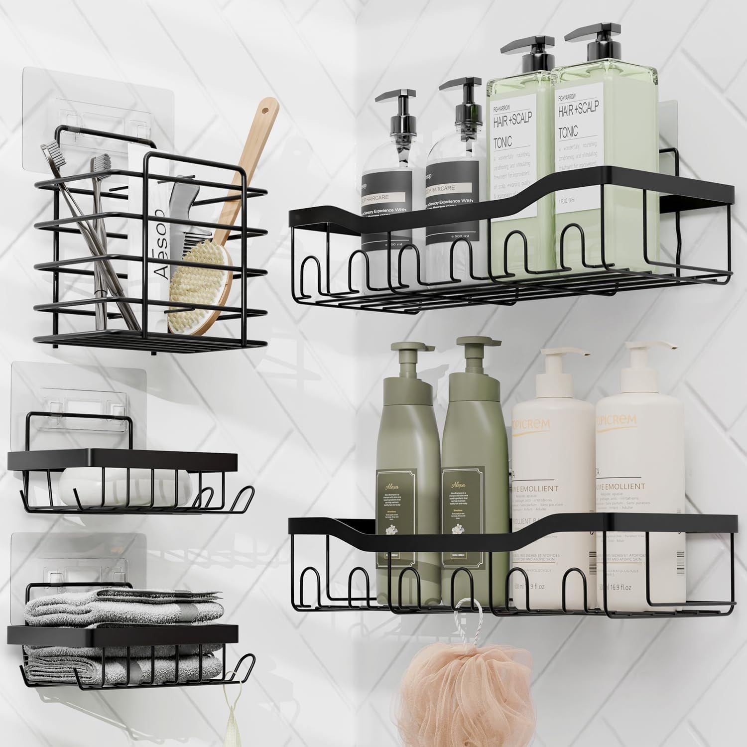 6-Piece Black Bathroom Accessories Set with Shower Caddy and Organizers