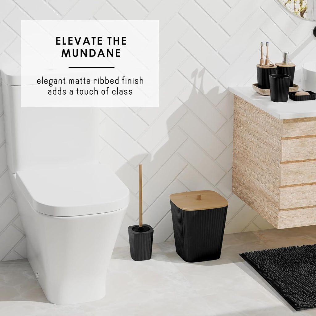 Black Bathroom Accessory Set with Rugs, Trash Can and Soap Dispenser