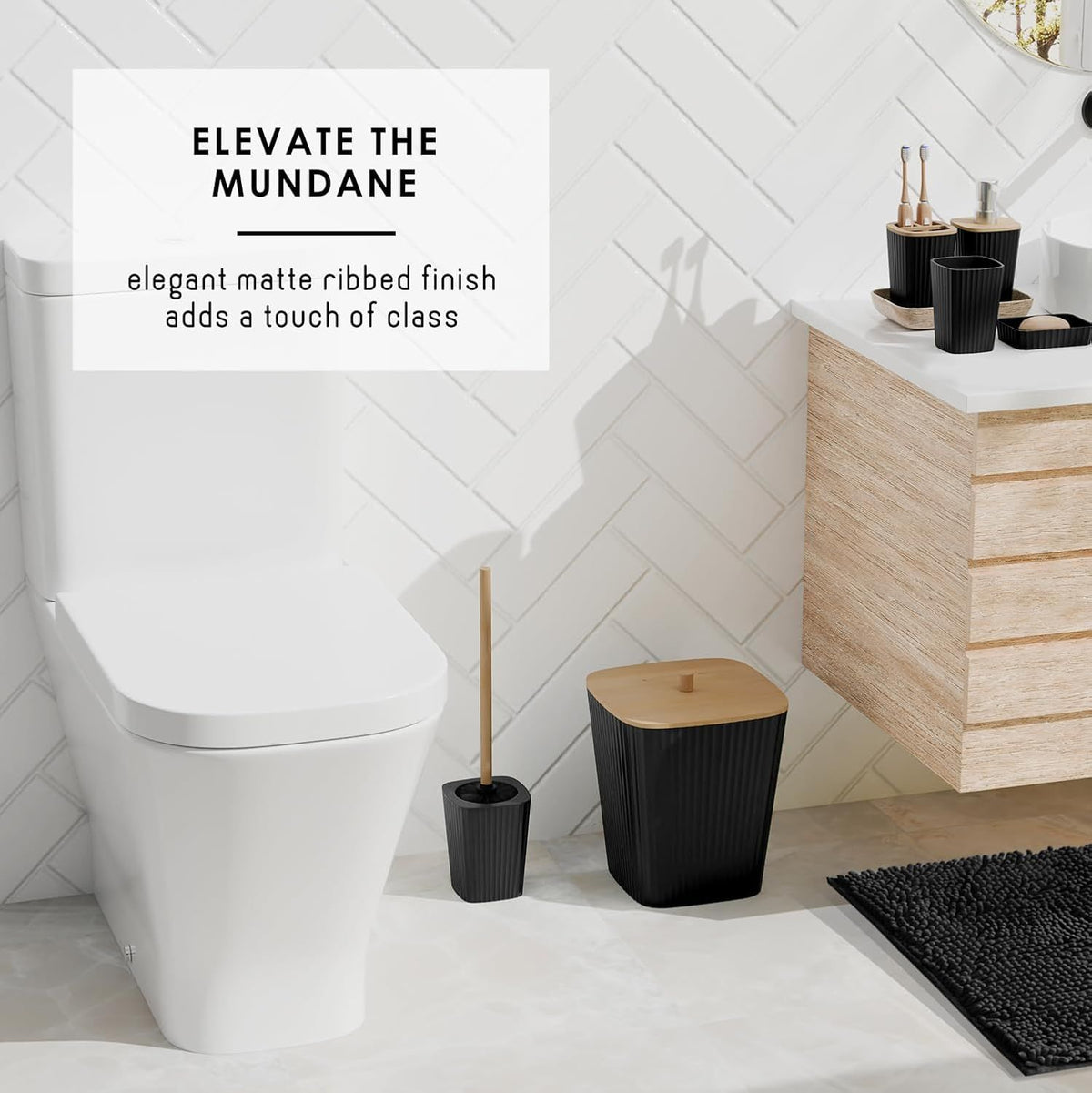 Black Bathroom Accessory Set with Rugs, Trash Can and Soap Dispenser