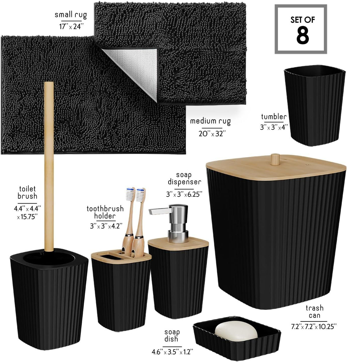 Black Bathroom Accessory Set with Rugs, Trash Can and Soap Dispenser
