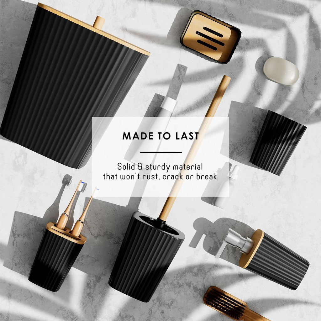 Black Bathroom Accessory Set with Rugs, Trash Can and Soap Dispenser