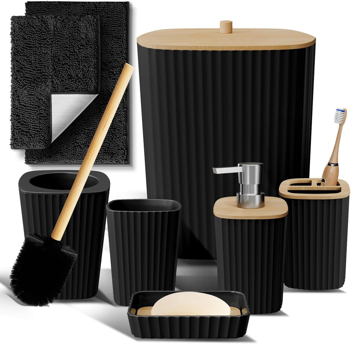 Black Bathroom Accessory Set with Rugs, Trash Can and Soap Dispenser