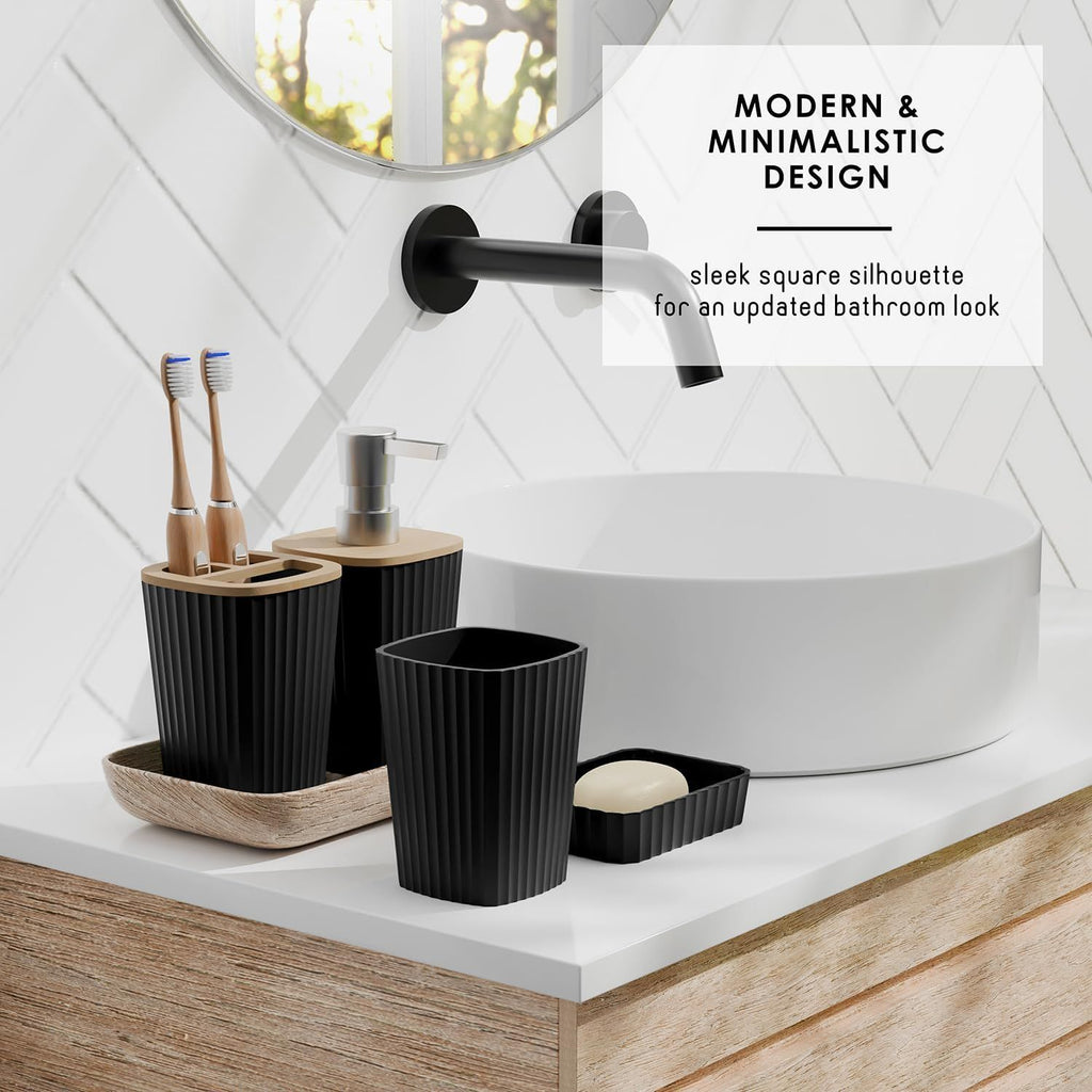 Black Bathroom Accessory Set with Rugs, Trash Can and Soap Dispenser
