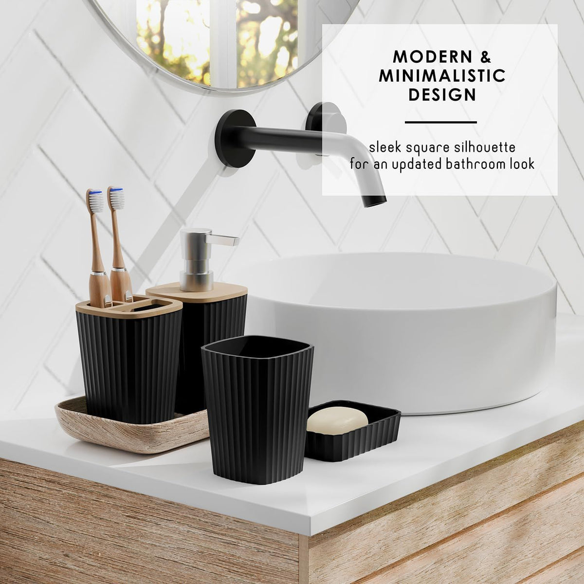 Black Bathroom Accessory Set with Rugs, Trash Can and Soap Dispenser