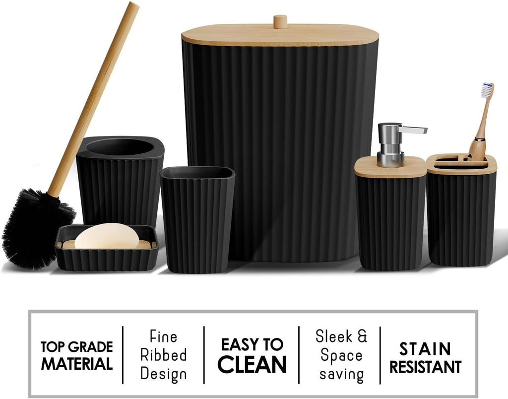 Black Bathroom Accessory Set with Rugs, Trash Can and Soap Dispenser