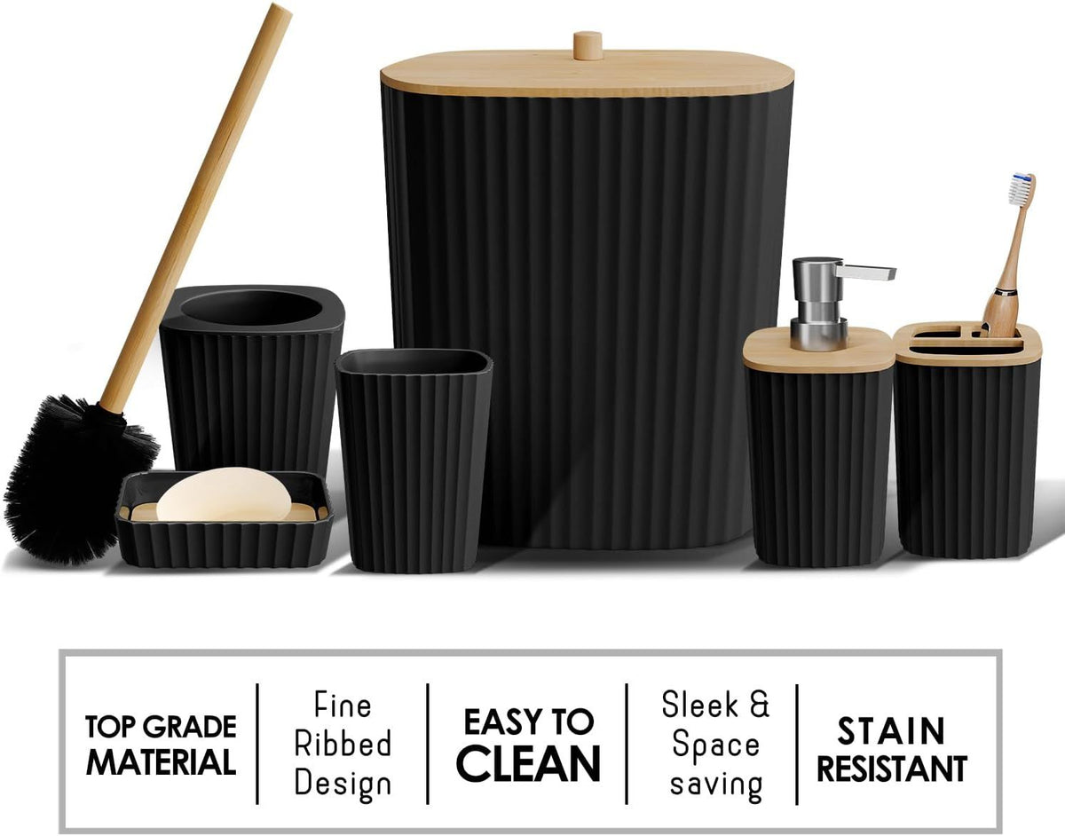 Black Bathroom Accessory Set with Rugs, Trash Can and Soap Dispenser