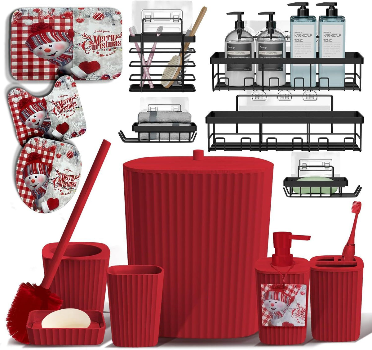 Christmas Bathroom Accessories Set – 14 Piece Complete Bathroom Decor Kit with Rugs and Caddy