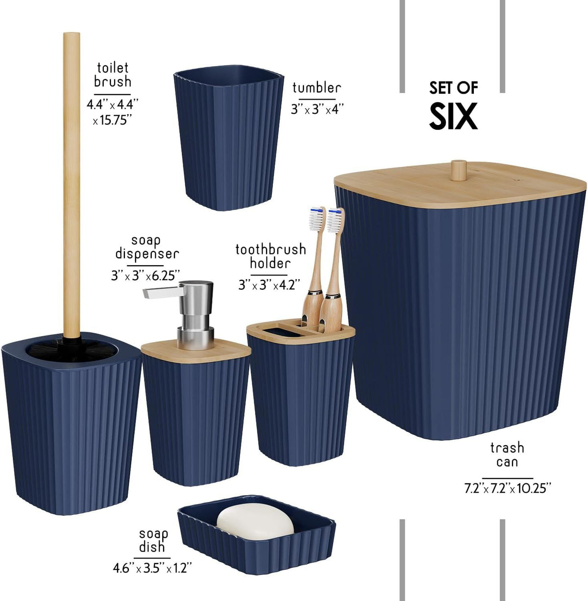 Six-Piece Navy Blue Bathroom Accessory Set with Toilet Brush and Trash Can