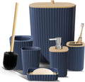 Six-Piece Navy Blue Bathroom Accessory Set with Toilet Brush and Trash Can