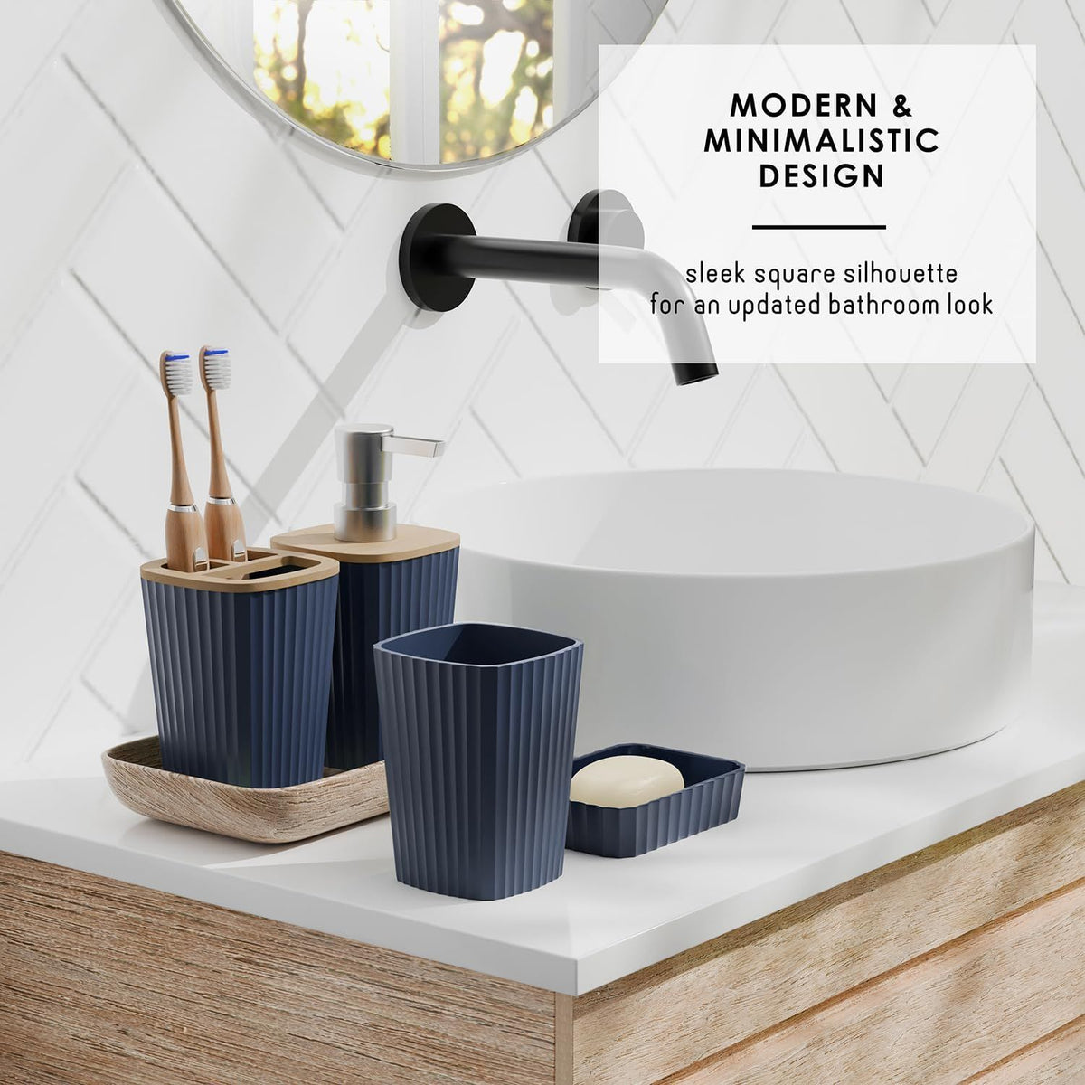 Six-Piece Navy Blue Bathroom Accessory Set with Toilet Brush and Trash Can