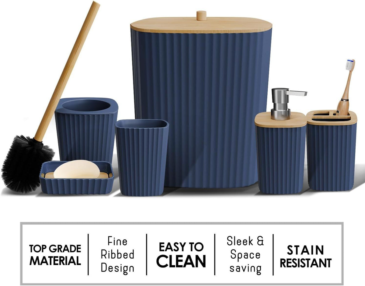 Six-Piece Navy Blue Bathroom Accessory Set with Toilet Brush and Trash Can