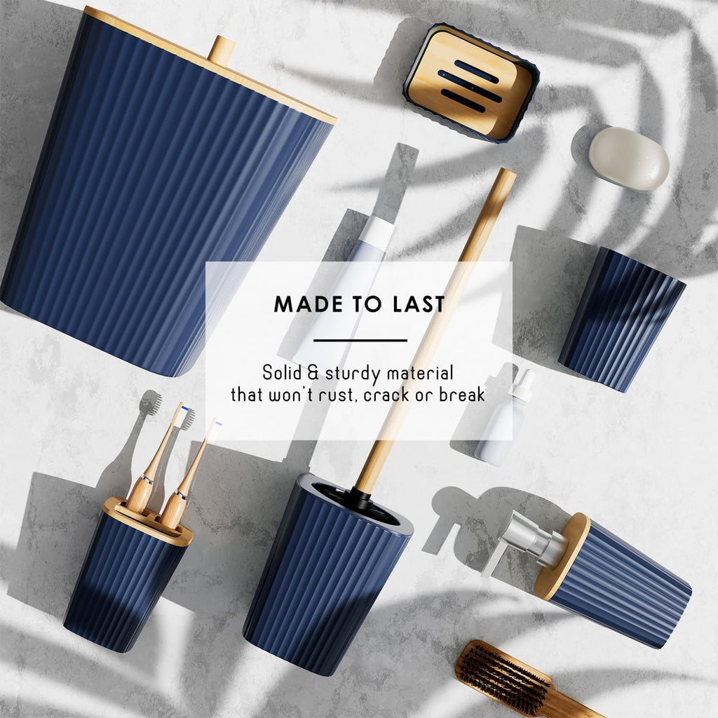 Six-Piece Navy Blue Bathroom Accessory Set with Toilet Brush and Trash Can