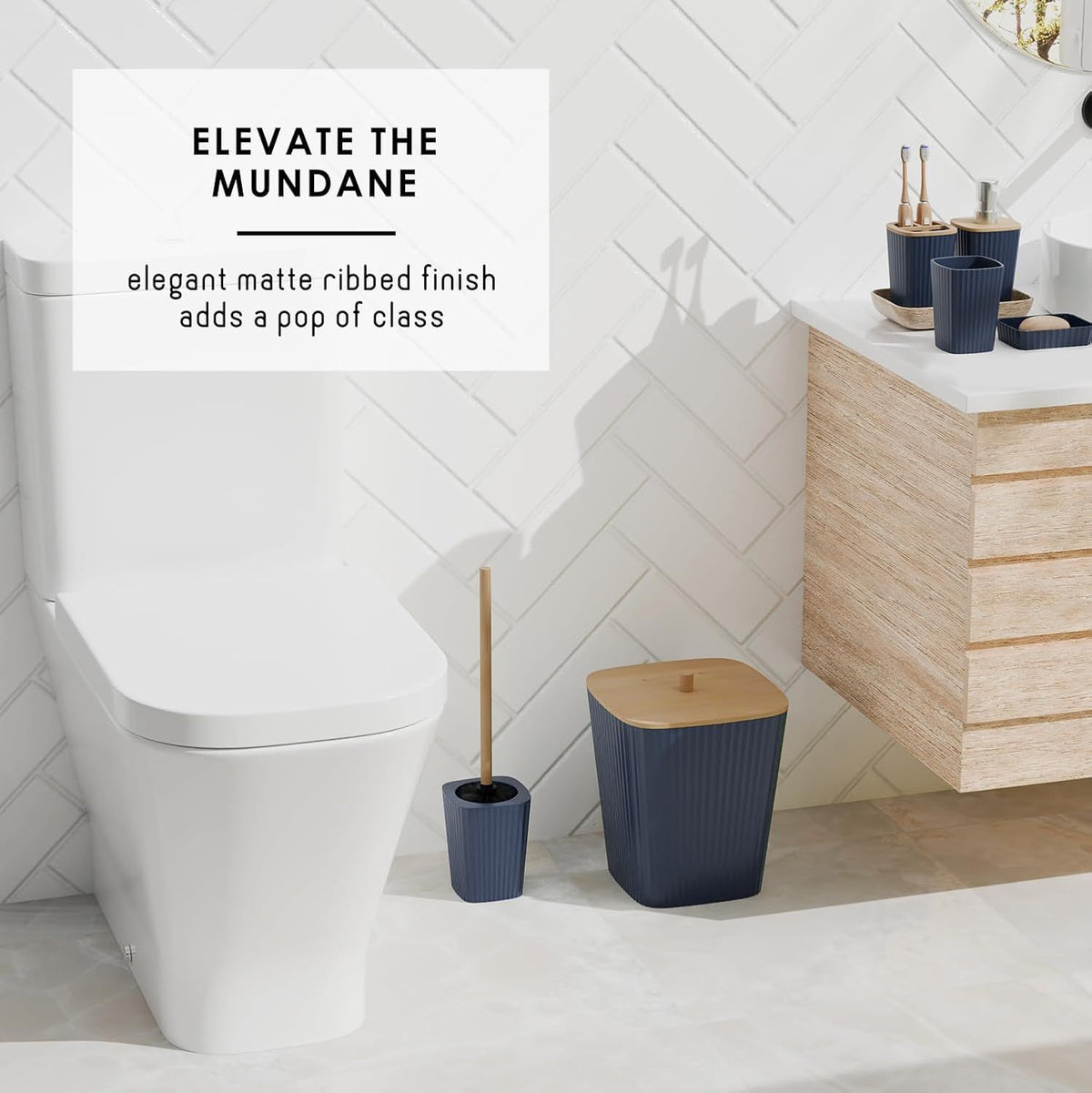 Six-Piece Navy Blue Bathroom Accessory Set with Toilet Brush and Trash Can