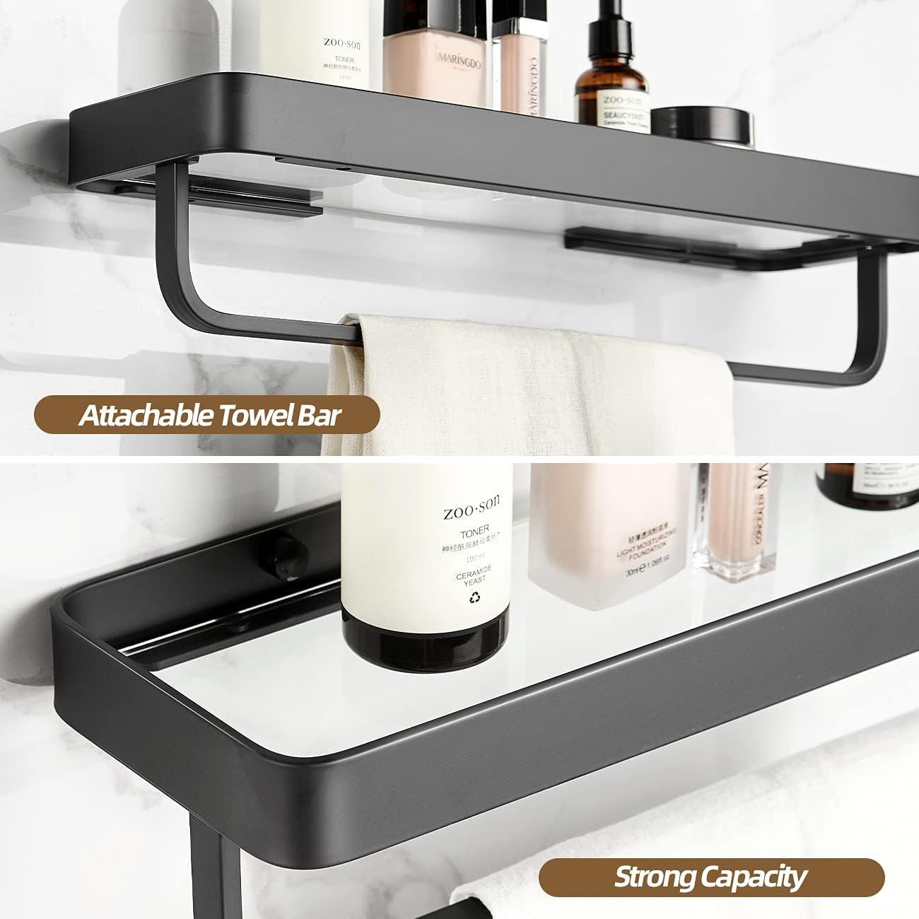 2-Tier Glass Bathroom Shelf with Towel Bar – Modern Floating Organizer