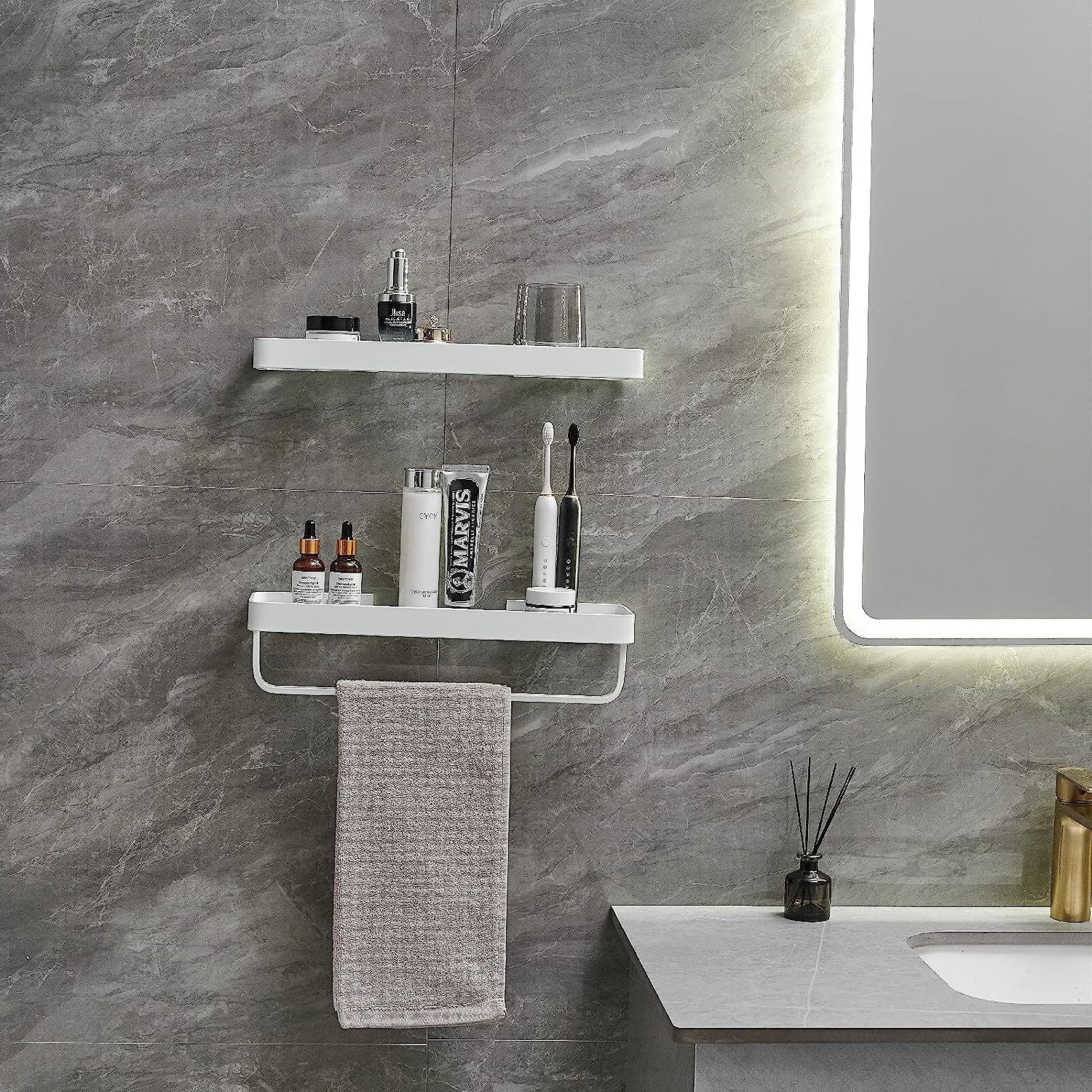 2-Tier Glass Bathroom Shelf with Towel Bar – Modern Floating Organizer