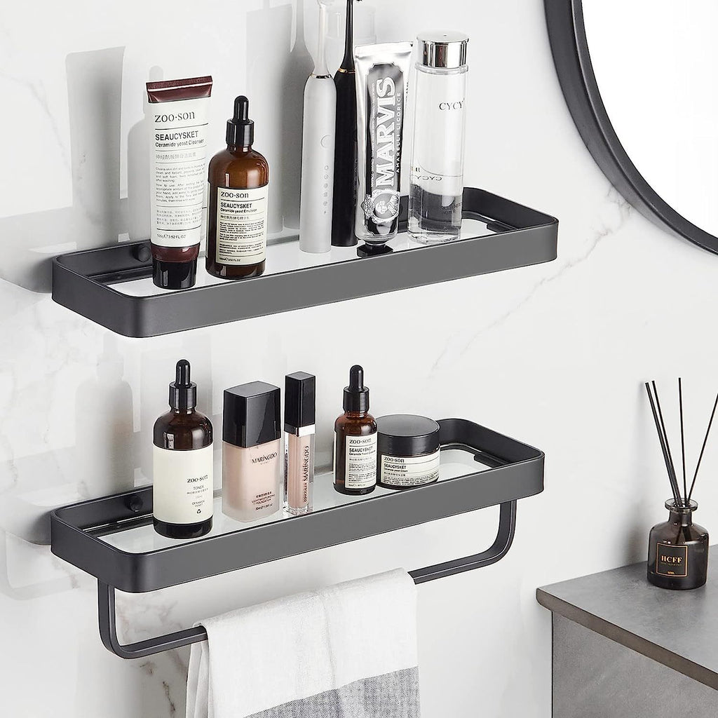 2-Tier Glass Bathroom Shelf with Towel Bar – Modern Floating Organizer
