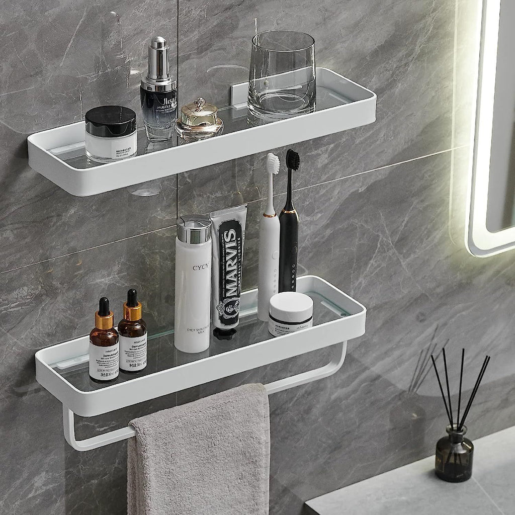 2-Tier Glass Bathroom Shelf with Towel Bar – Modern Floating Organizer