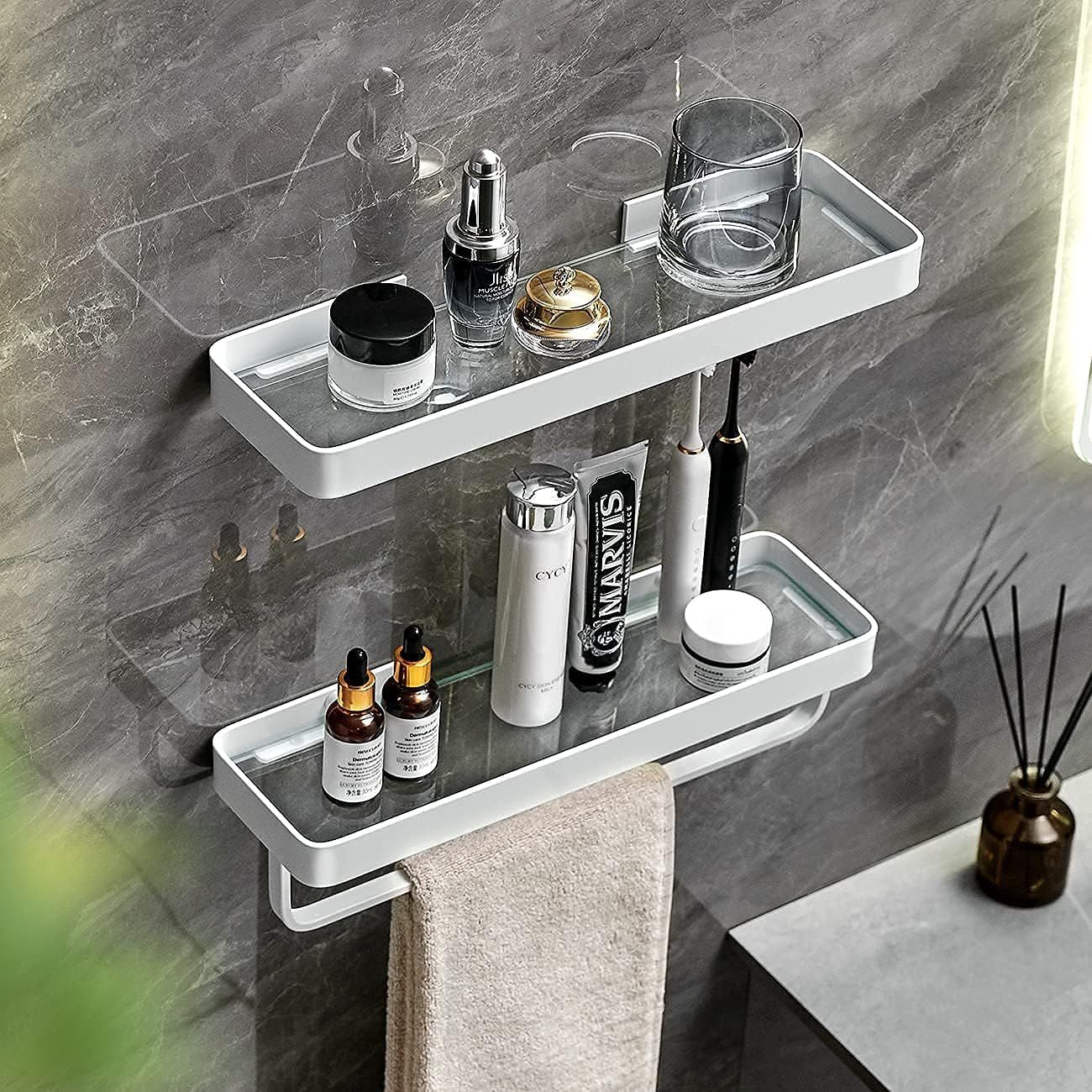 2-Tier Glass Bathroom Shelf with Towel Bar – Modern Floating Organizer