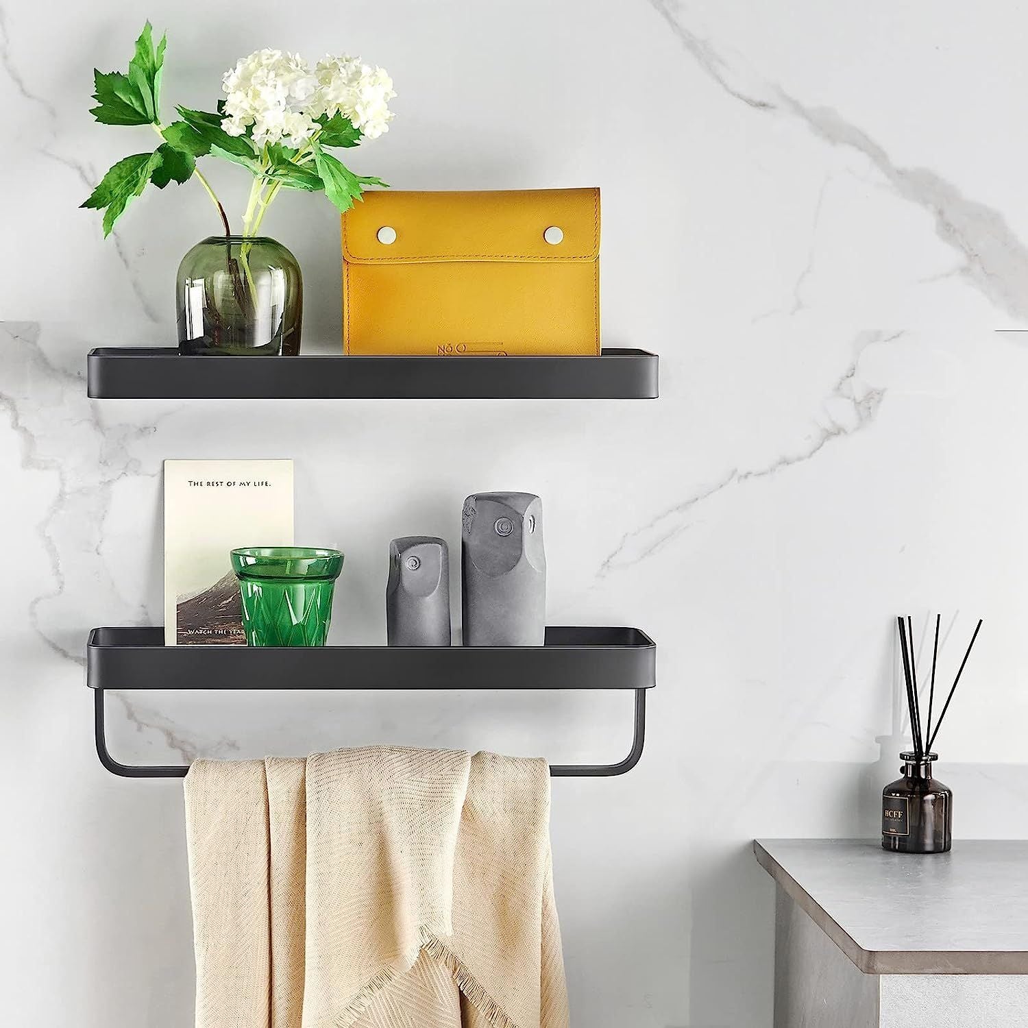 2-Tier Glass Bathroom Shelf with Towel Bar – Modern Floating Organizer