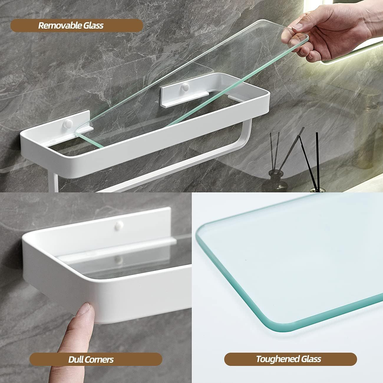 2-Tier Glass Bathroom Shelf with Towel Bar – Modern Floating Organizer
