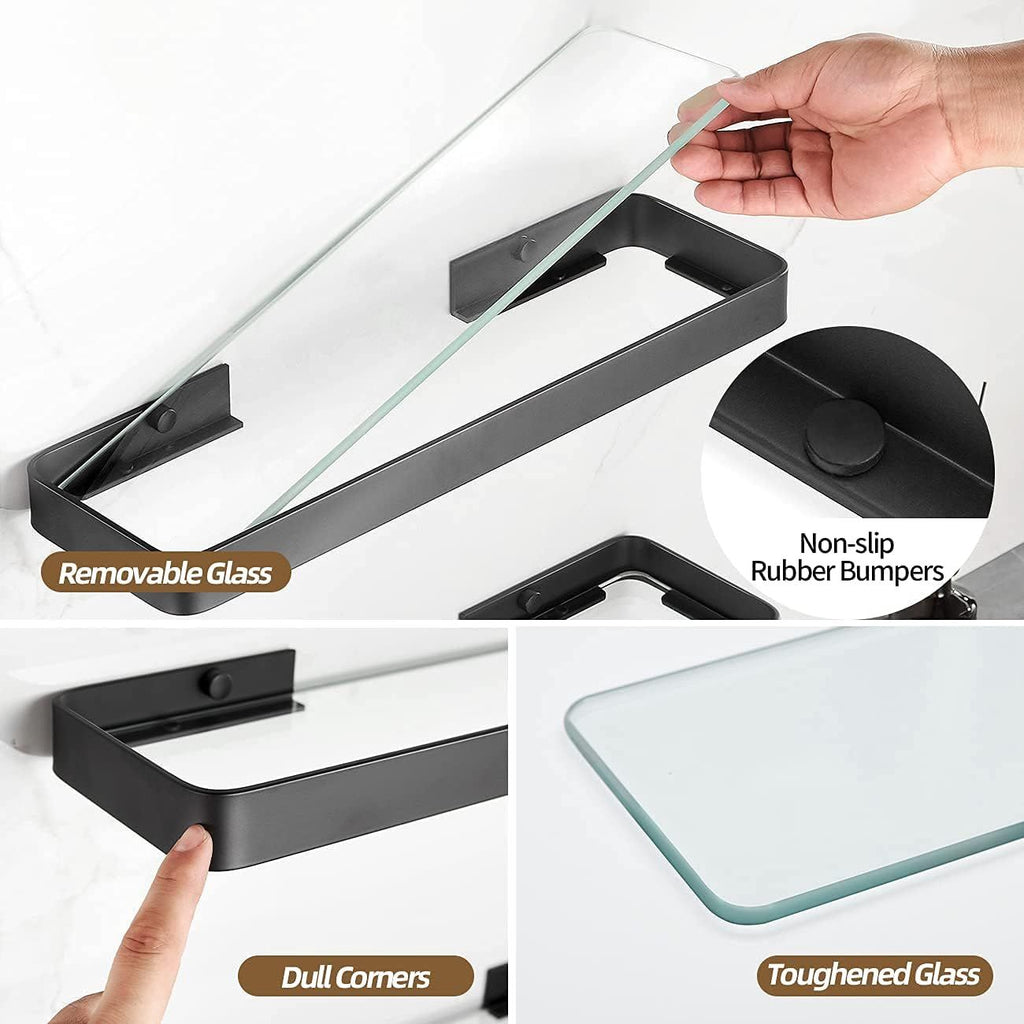 2-Tier Glass Bathroom Shelf with Towel Bar – Modern Floating Organizer