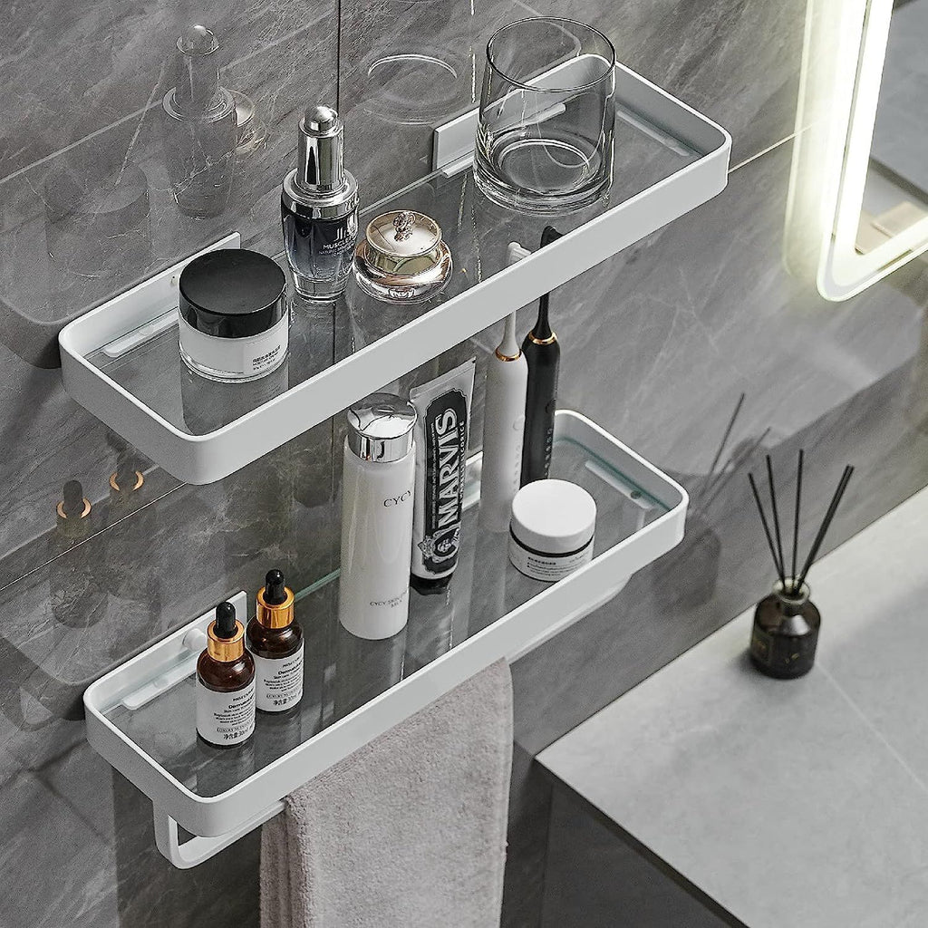 2-Tier Glass Bathroom Shelf with Towel Bar – Modern Floating Organizer