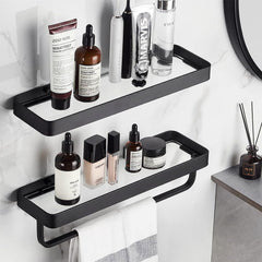 2-Tier Glass Bathroom Shelf with Towel Bar – Modern Floating Organizer