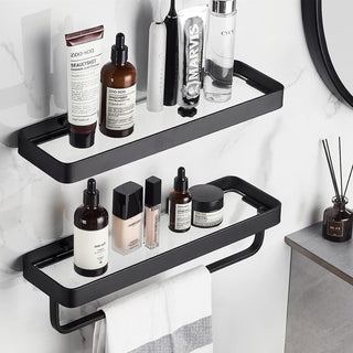 2-Tier Glass Bathroom Shelf with Towel Bar – Modern Floating Organizer