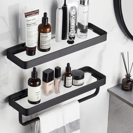 2-Tier Glass Bathroom Shelf with Towel Bar – Modern Floating Organizer
