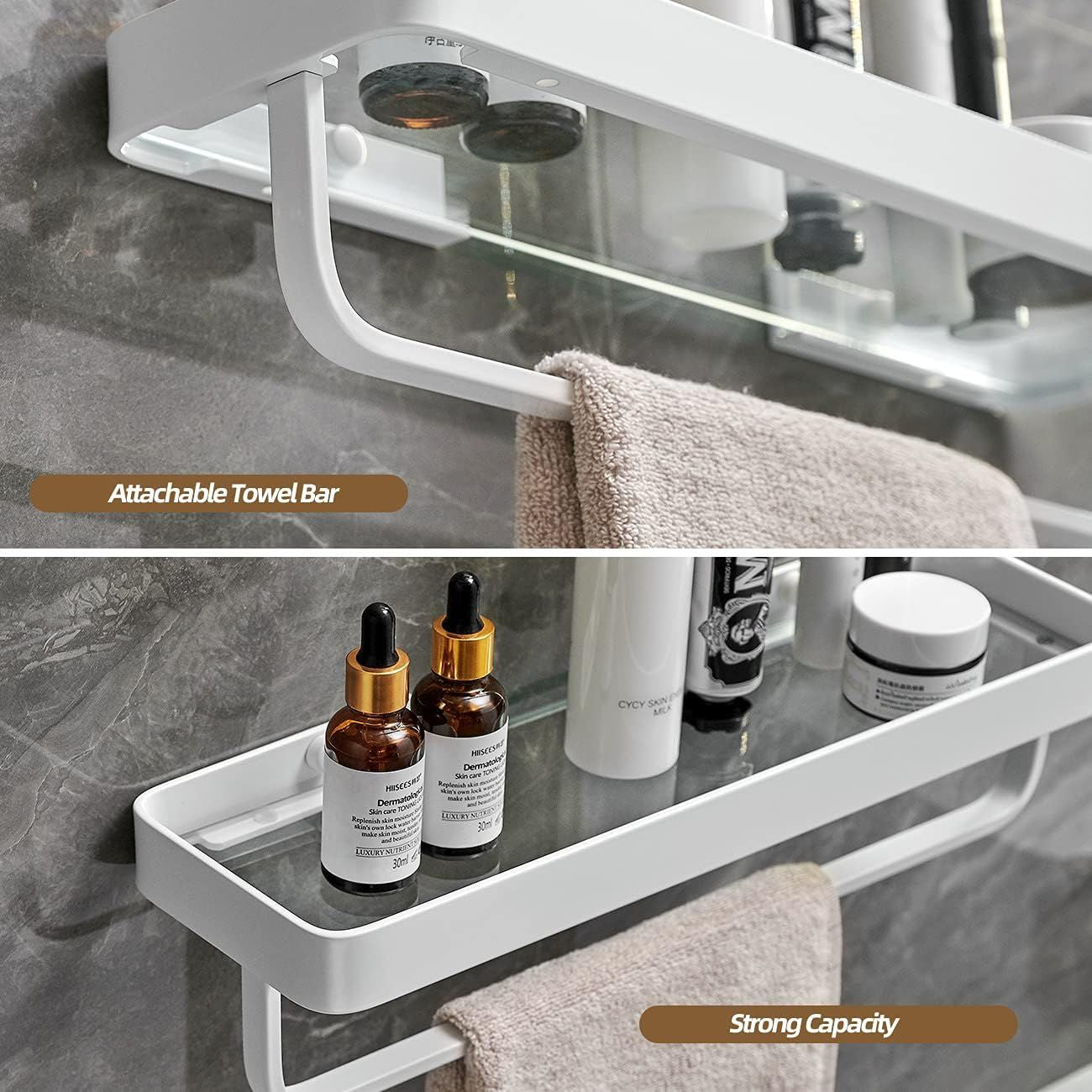 2-Tier Glass Bathroom Shelf with Towel Bar – Modern Floating Organizer