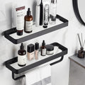 2-Tier Glass Bathroom Shelf with Towel Bar – Modern Floating Organizer - Black