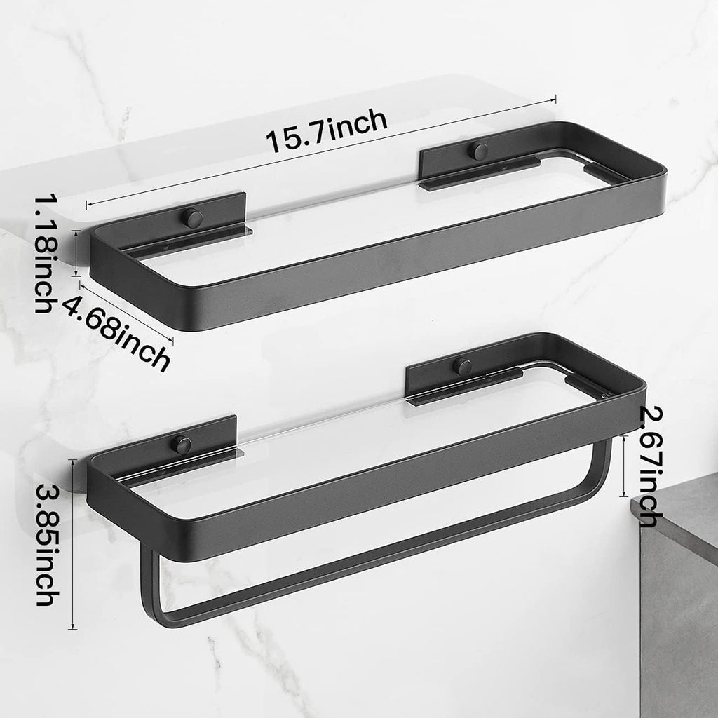 2-Tier Glass Bathroom Shelf with Towel Bar – Modern Floating Organizer