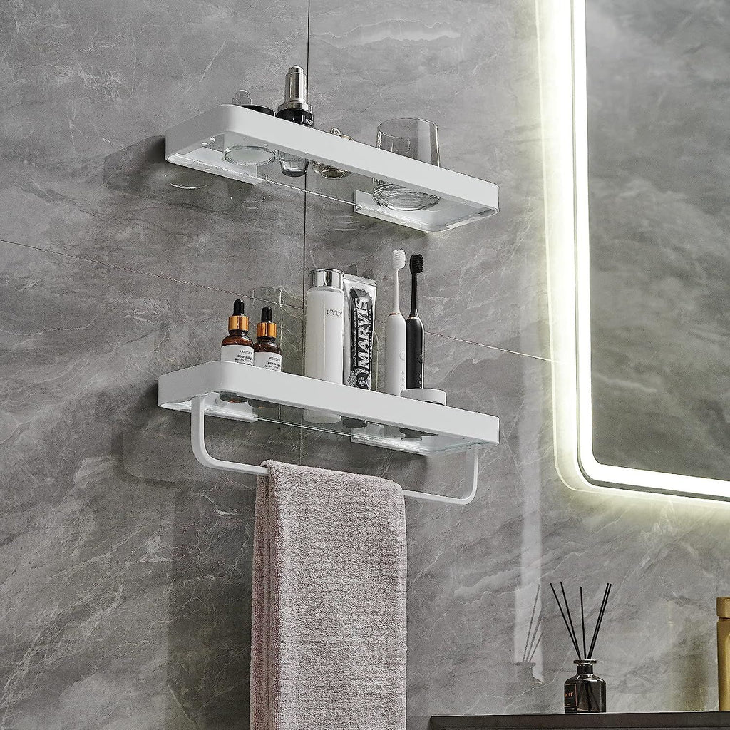 2-Tier Glass Bathroom Shelf with Towel Bar – Modern Floating Organizer