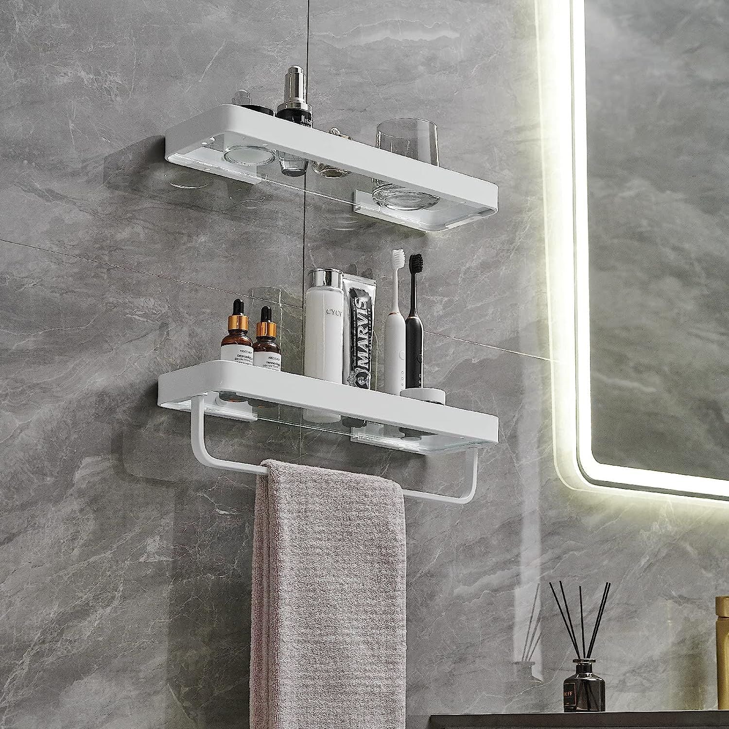 2-Tier Glass Bathroom Shelf with Towel Bar – Modern Floating Organizer