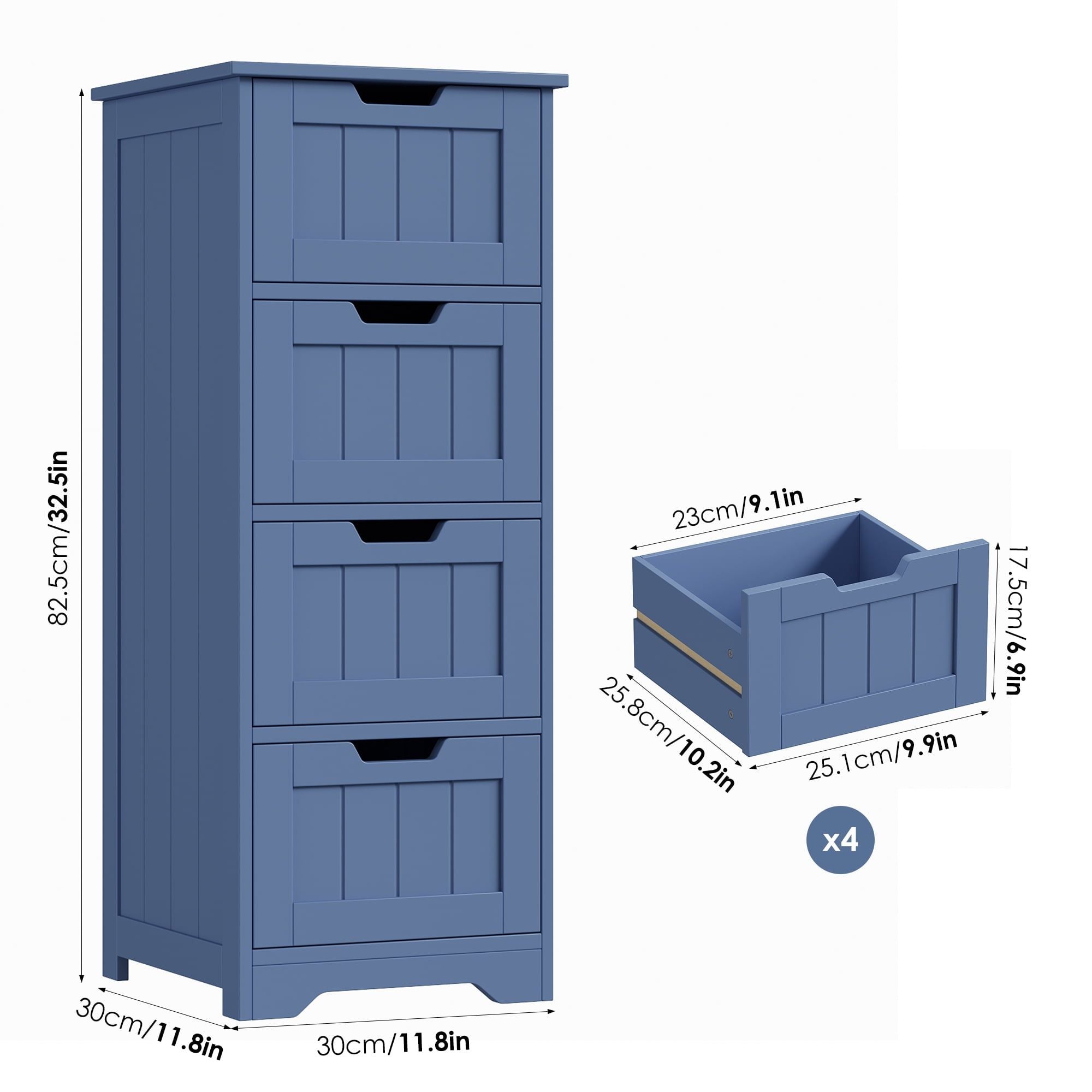 Blue Bathroom Storage Cabinet with 4 Drawers – Narrow Entryway Organizer