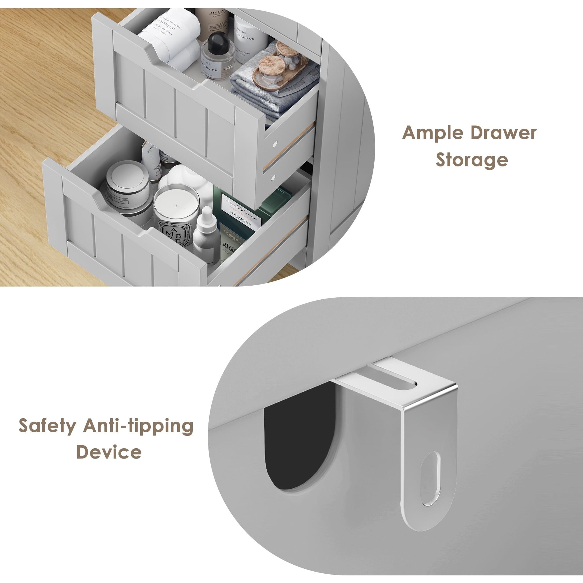Narrow Gray Cabinet with Handle-Free Drawers