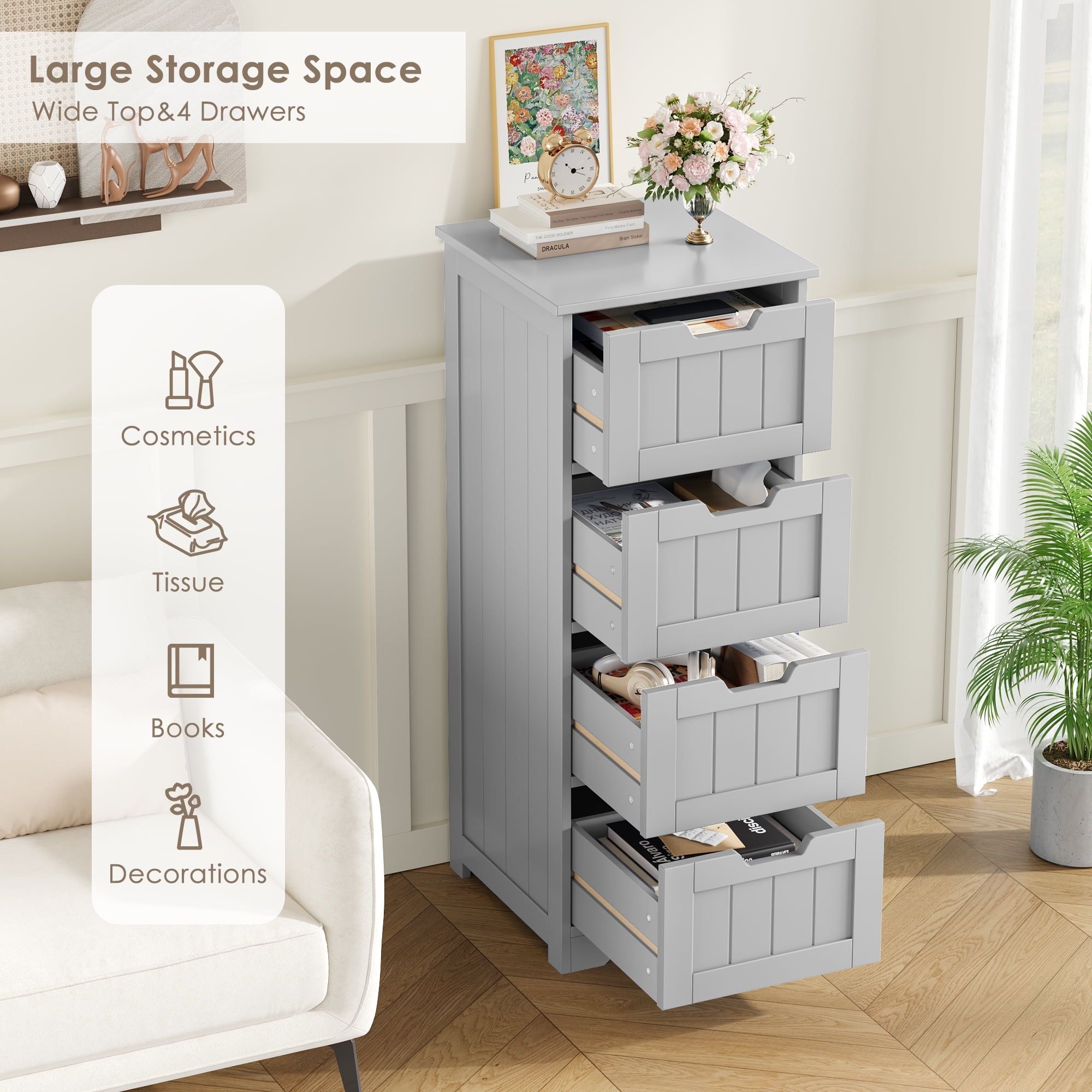 Narrow Gray Cabinet with Handle-Free Drawers