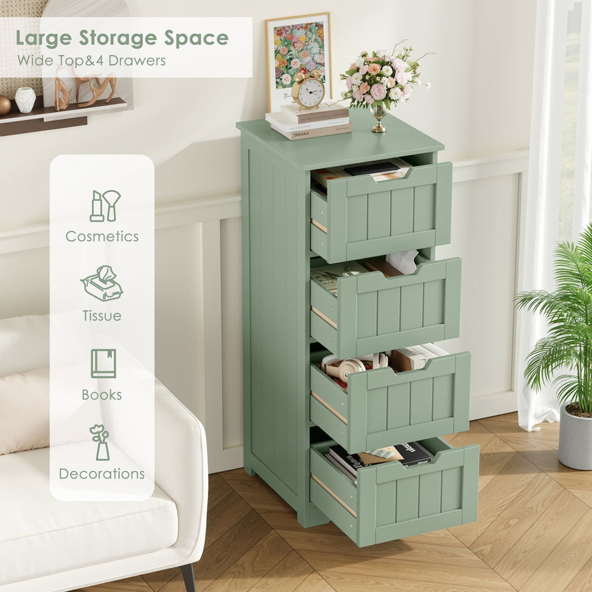 Green Narrow Cabinet with Four Handle-Free Drawers