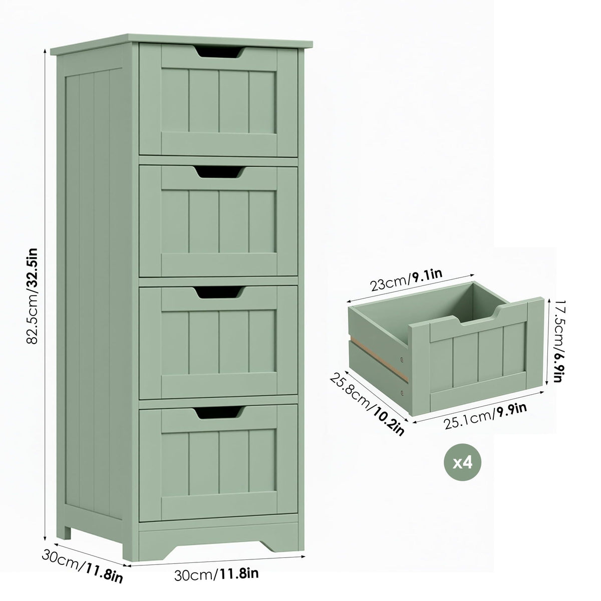 Green Narrow Cabinet with Four Handle-Free Drawers