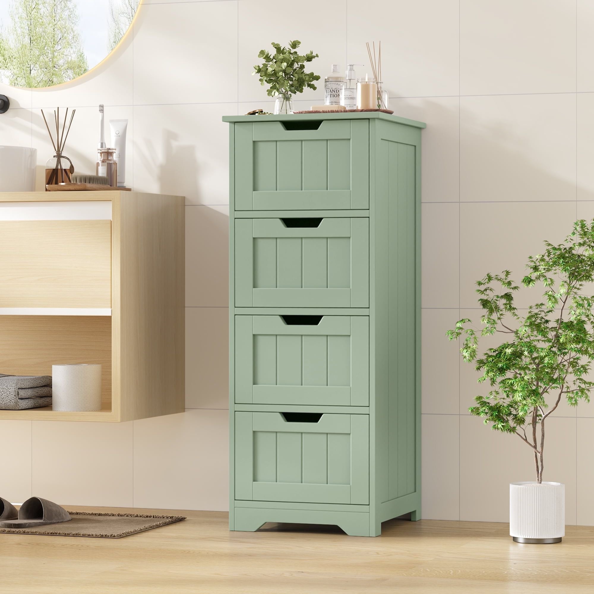 Green Narrow Cabinet with Four Handle-Free Drawers