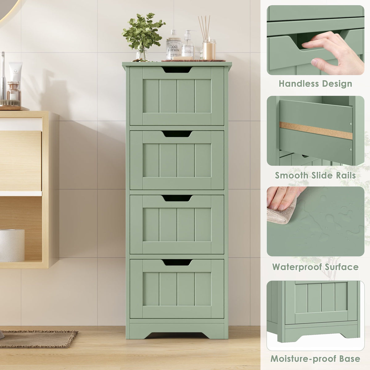 Green Narrow Cabinet with Four Handle-Free Drawers