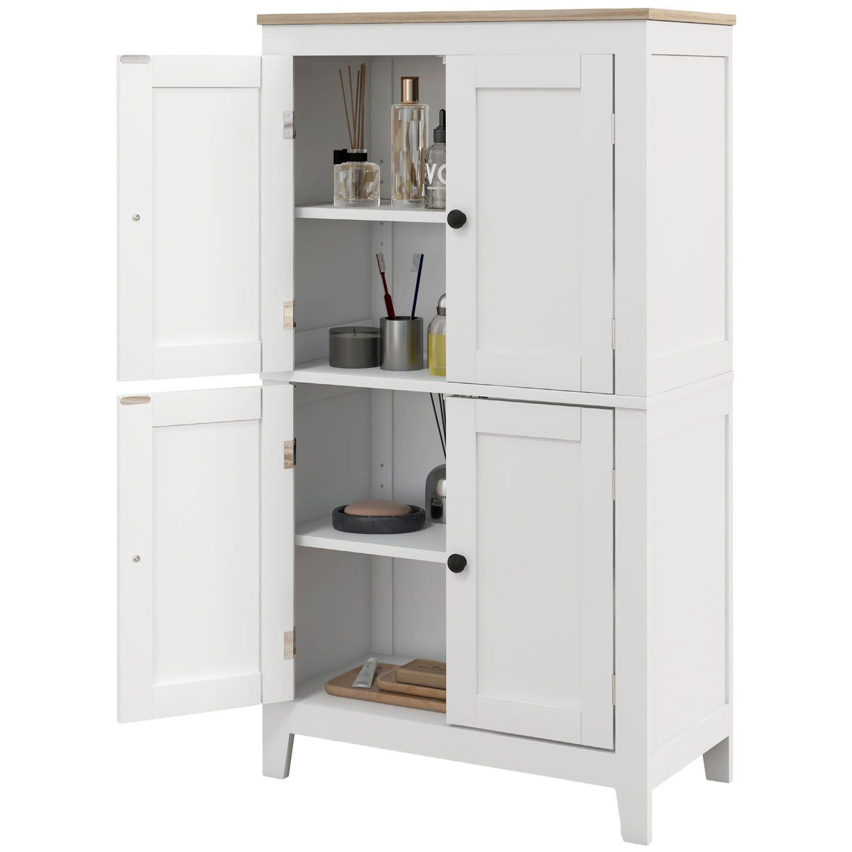Bathroom Storage Cabinet, Modern Bathroom Floor Cabinet with 4 Doors and 2 Adjustable
