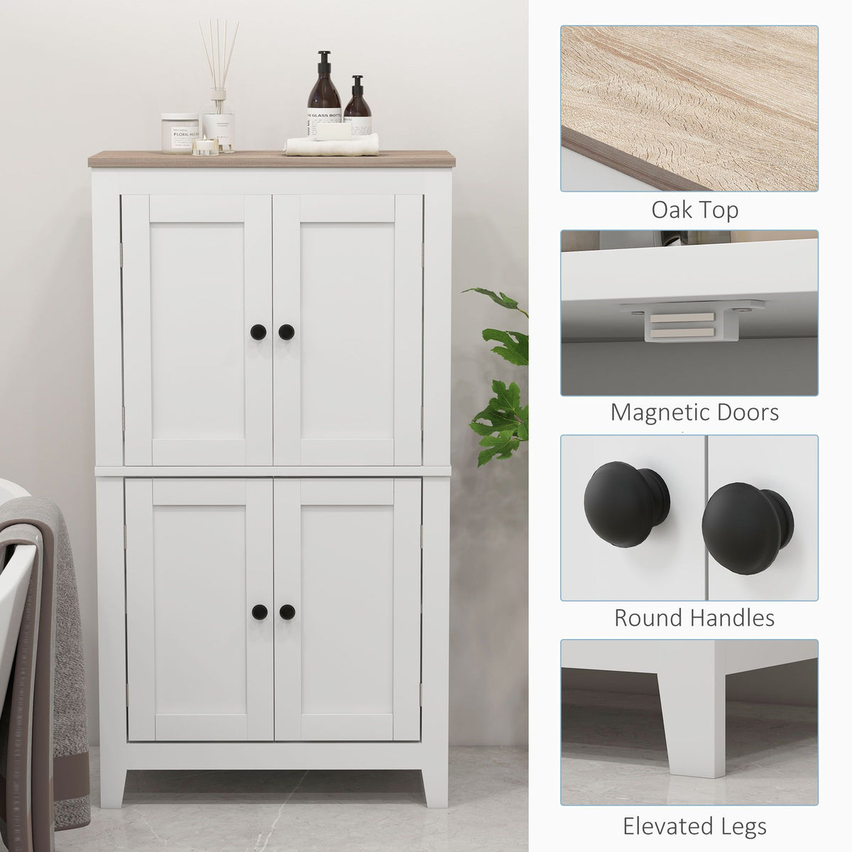 Bathroom Storage Cabinet, Modern Bathroom Floor Cabinet with 4 Doors and 2 Adjustable