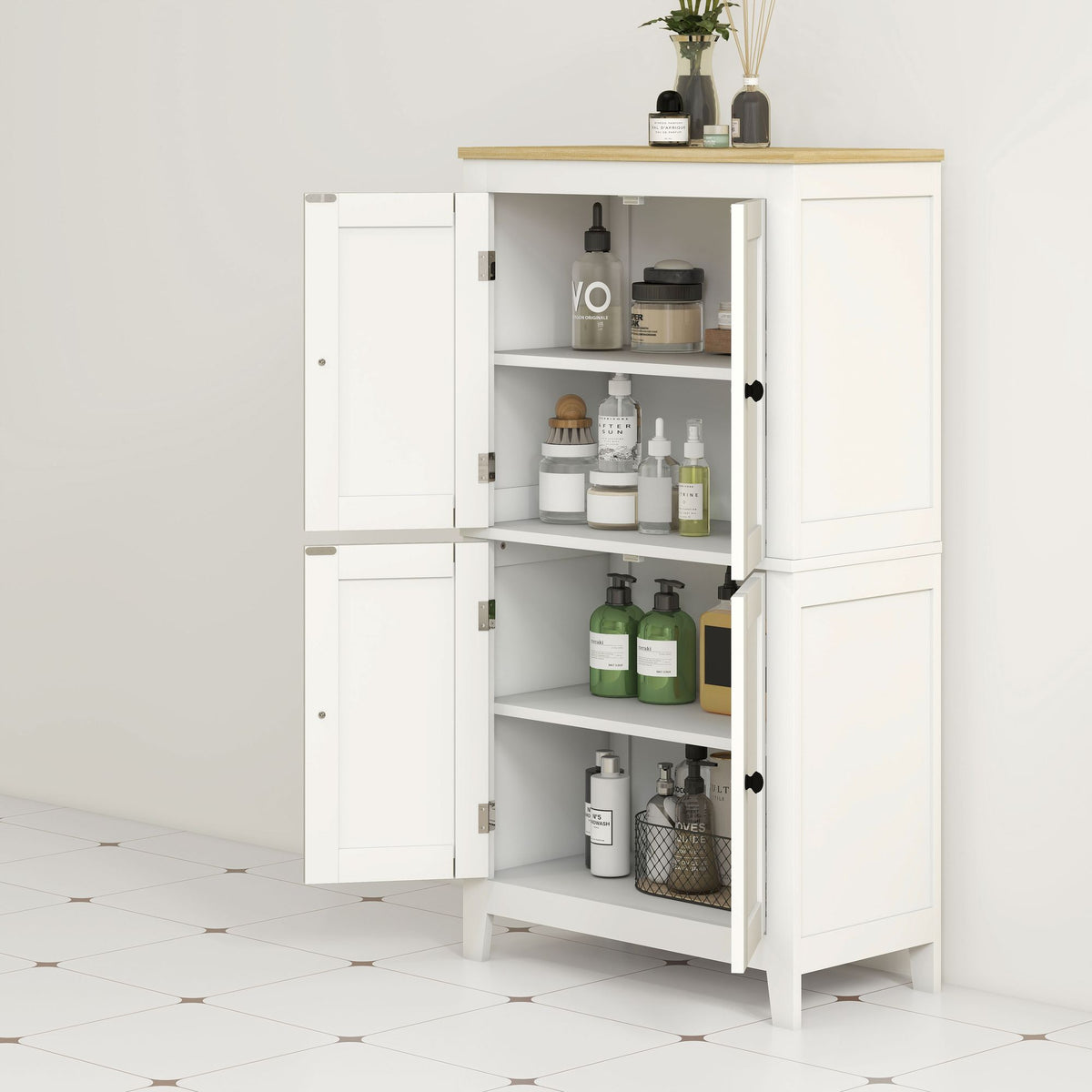 Bathroom Storage Cabinet, Modern Bathroom Floor Cabinet with 4 Doors and 2 Adjustable