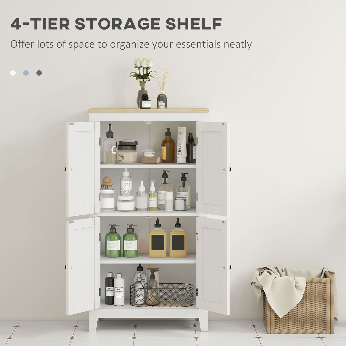 Bathroom Storage Cabinet, Modern Bathroom Floor Cabinet with 4 Doors and 2 Adjustable