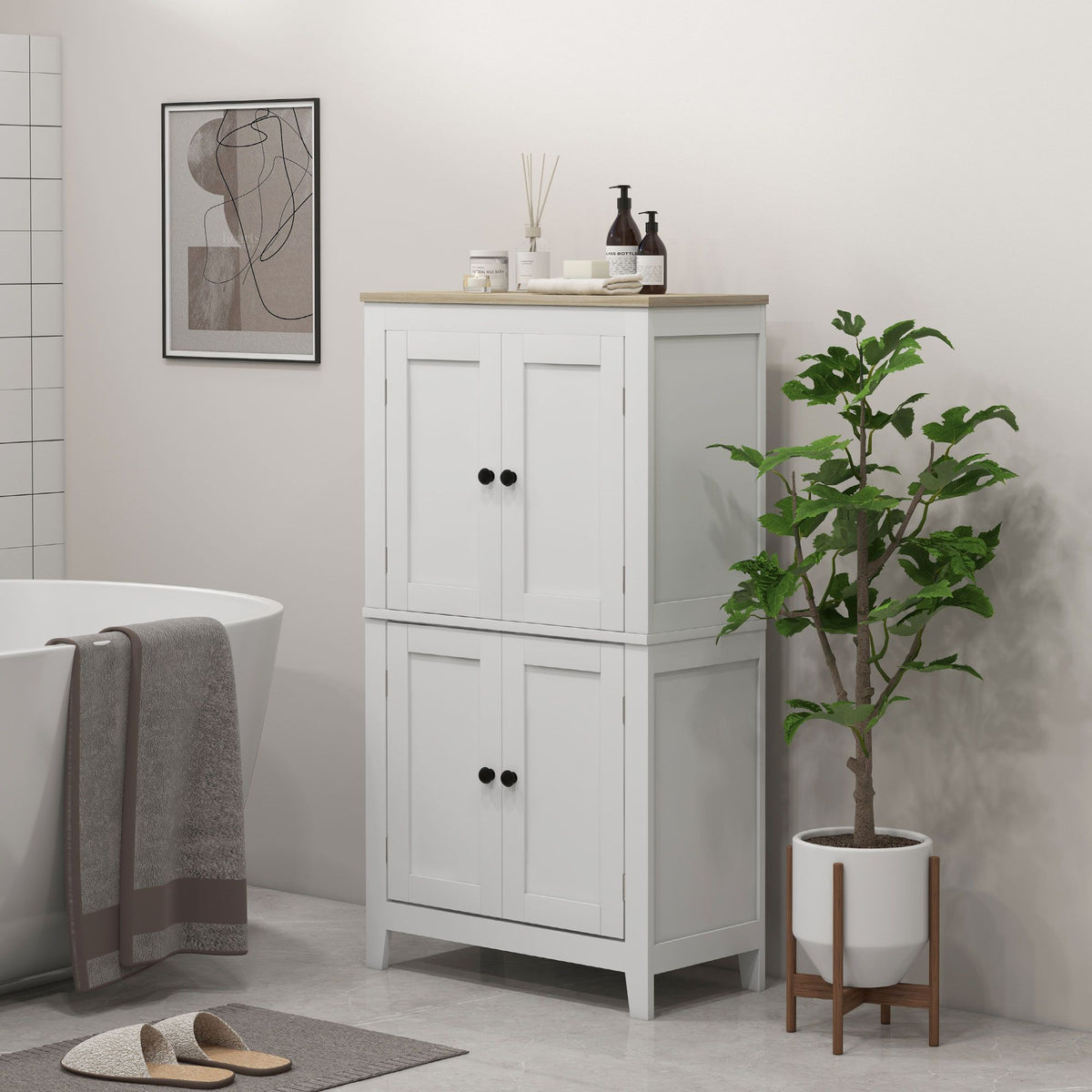 Bathroom Storage Cabinet, Modern Bathroom Floor Cabinet with 4 Doors and 2 Adjustable
