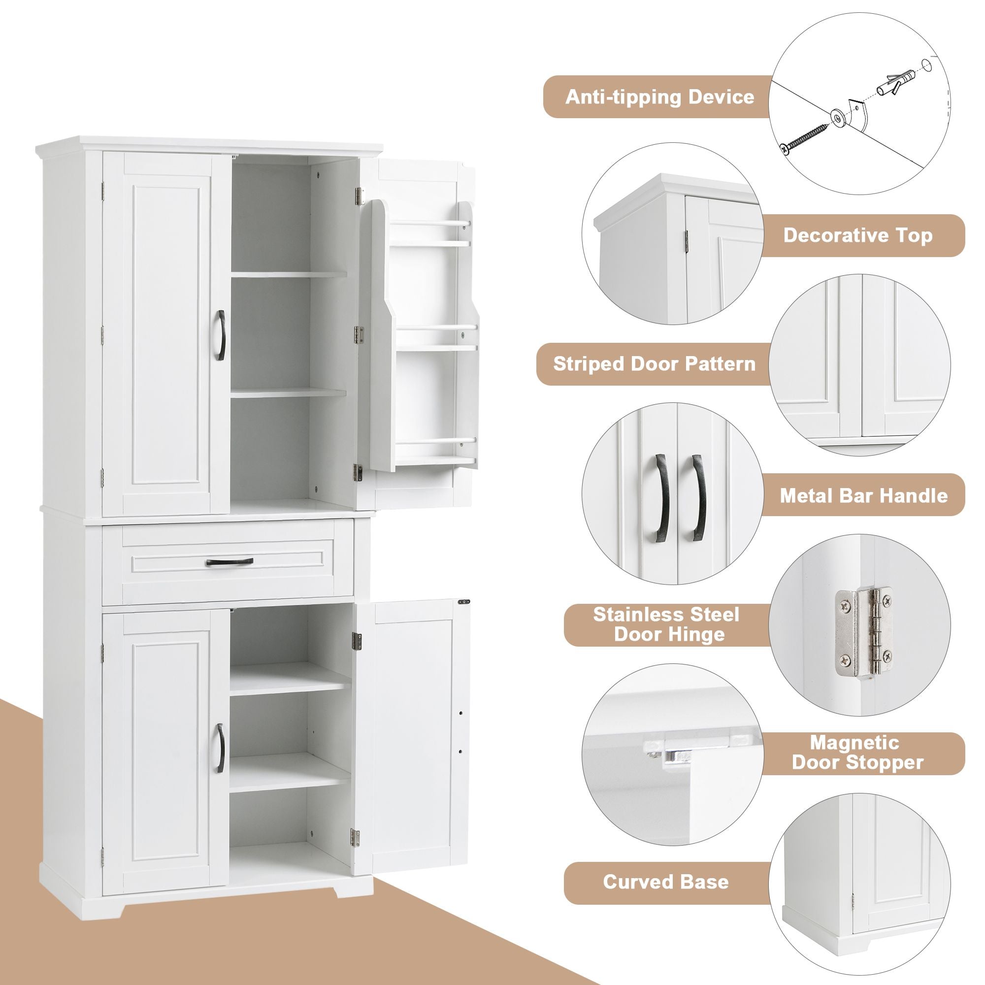 White Bathroom Storage Cabinet with Doors, Drawer and Adjustable Shelf