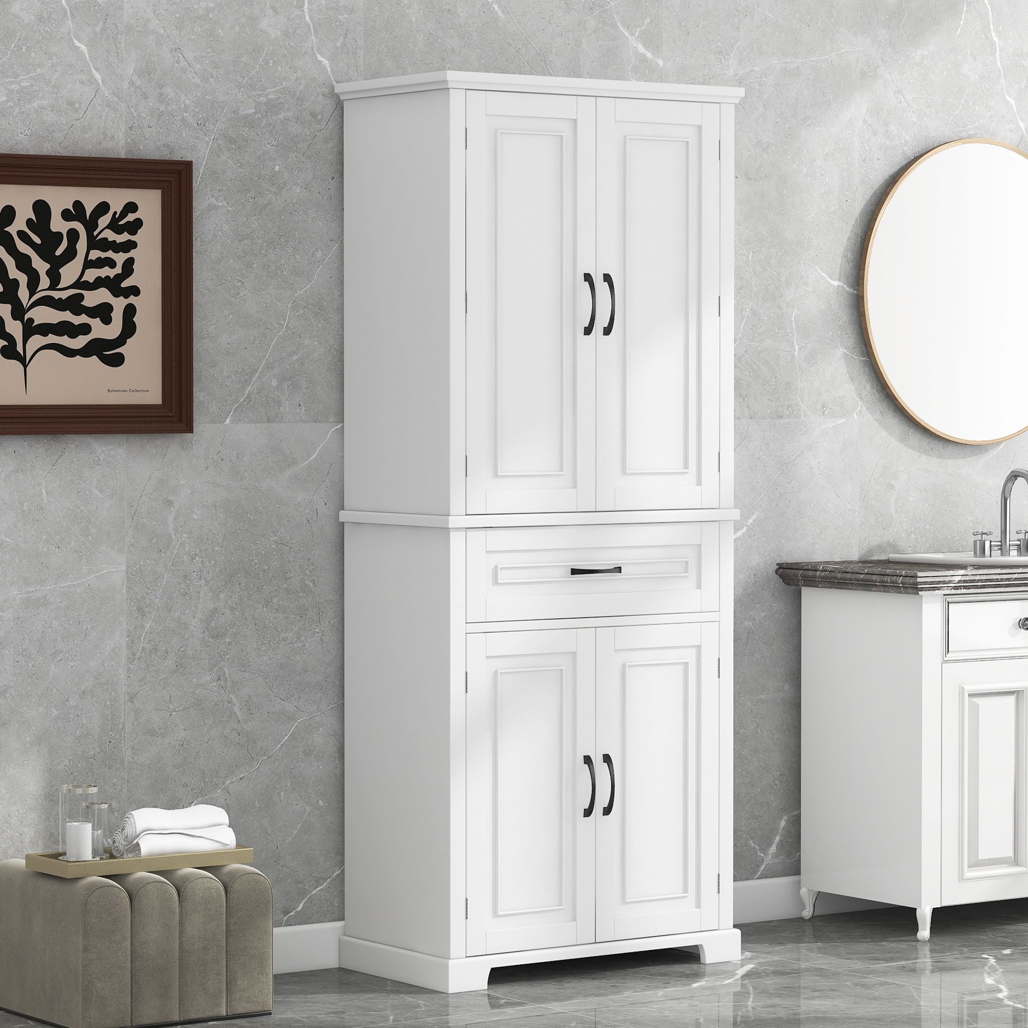 White Bathroom Storage Cabinet with Doors, Drawer and Adjustable Shelf