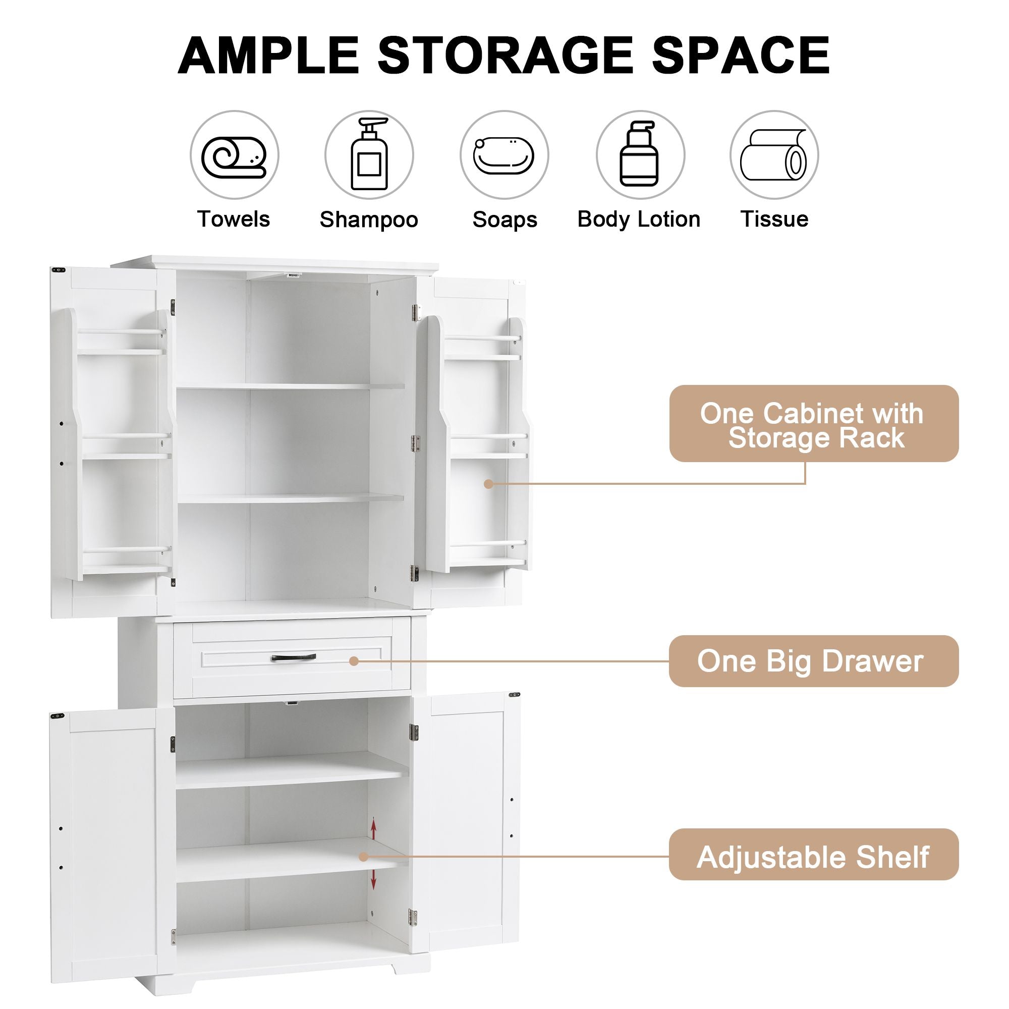Tall Storage Cabinet with Doors, Drawer, and Adjustable Shelf
