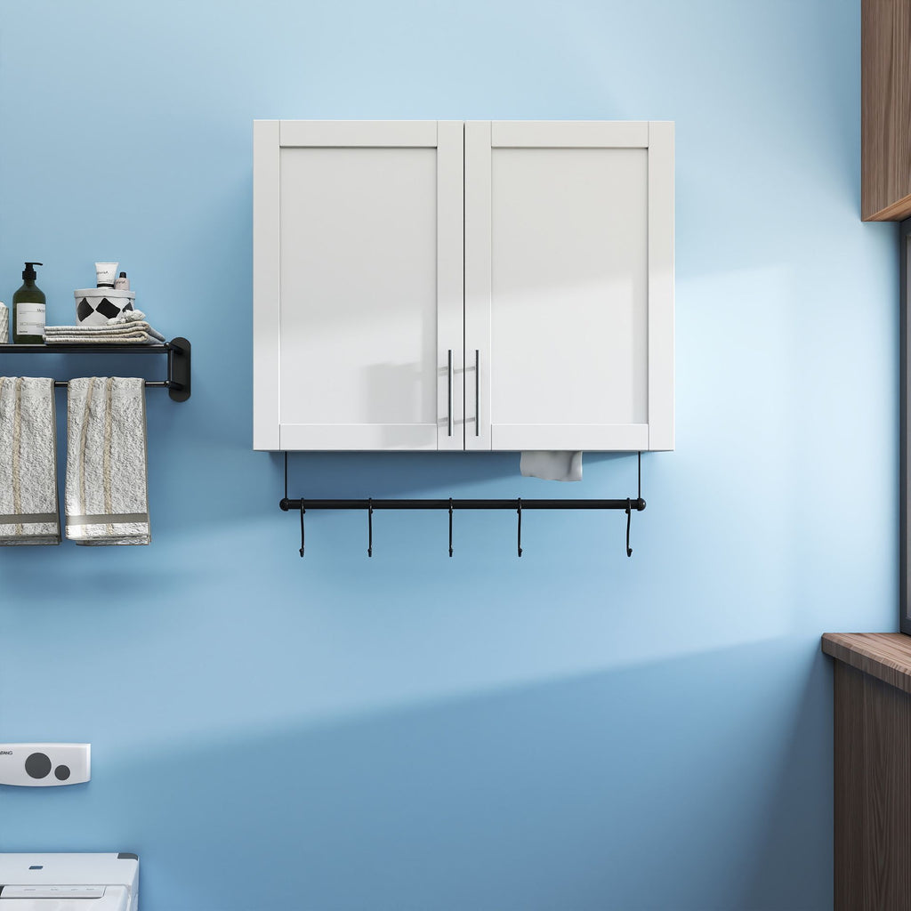 White Bathroom Wall Cabinet with Adjustable Shelf, Towel Bar and 5 Hooks